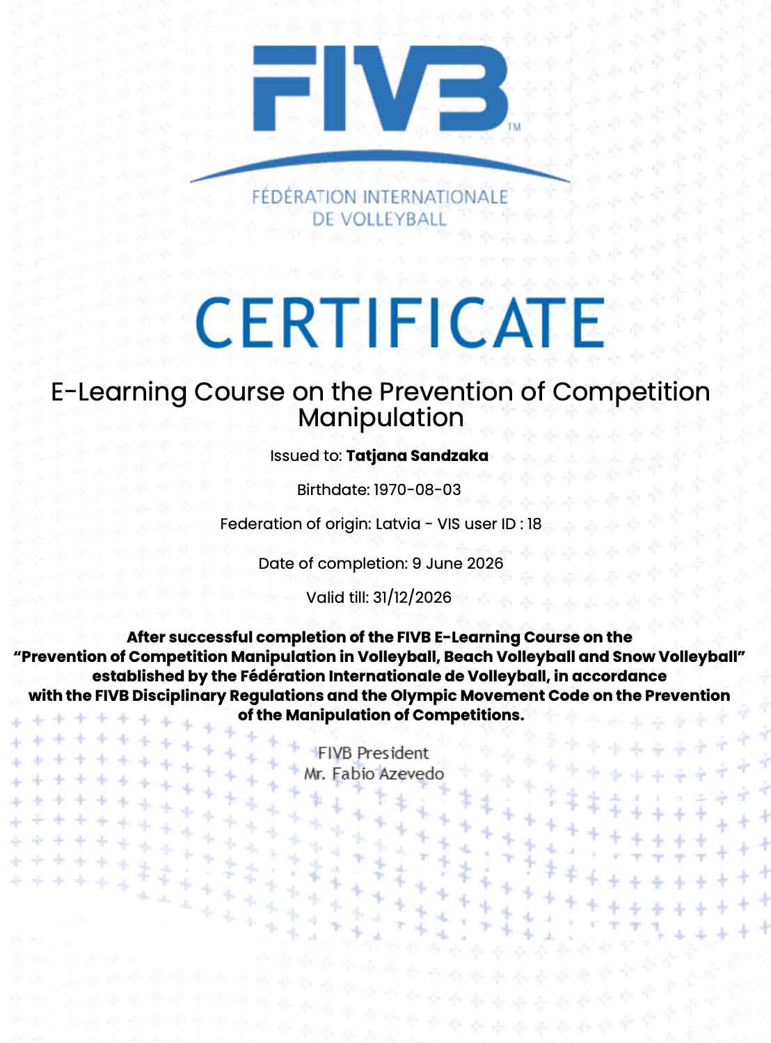 FIVB License Certificate